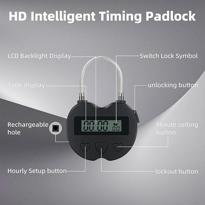 Heart Metal Timer Lock, USB Rechargeable Timer Compact Padlock with 1m Spring Cord, Up to 99 Hours Timed Self-Regulation Anti-Addiction Timer Padlock (Black)
