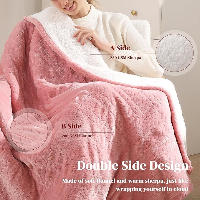 Electric Throw Blanket Heated Throw 50''x60''- Wheat Pattern Flannel & Sherpa Heated Lap Blanket with 5 Heat Settings & 4-Hour Auto Shut-Off, ETL & FCC Certified, Machine Washable Home Use, Pink