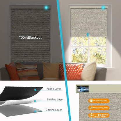 Motorized Blinds with Remote, Smart Blind Roller Shades Compatible with Alexa, Durable Rechargeable Battery Solar Power Electric Window Blinds Motorized Shades Customized Size (Luxury-Coffee)