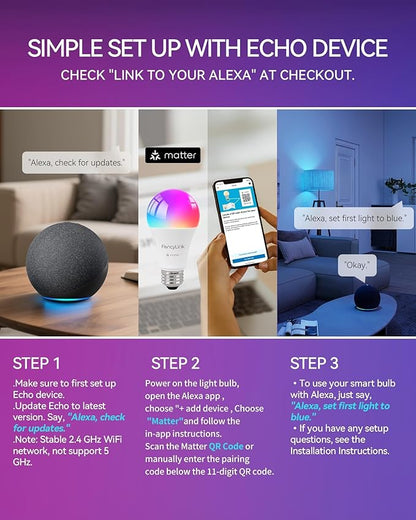 Matter Smart Light Bulbs, Color Changing Light Bulb, hub Required, A19 60W,2.4Ghz WiFi only,Compatible with Alexa Google Assistant, Apple Home,16 Million Colors RGBCW 800 Lumen,2 Pack