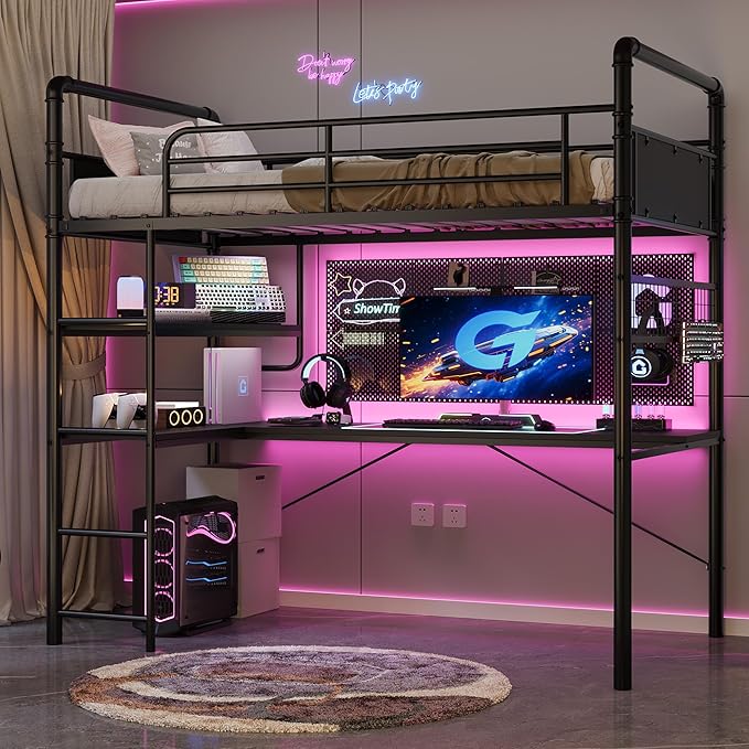 GarveeHome Loft Bunk Bed with L-Shaped Desk, Twin Loft Bed with Desk Underneath, Metal Bunk Beds with High Guardrail and Ladder for Kids/Teens/Adults, Easy Assembly, Vintage Black