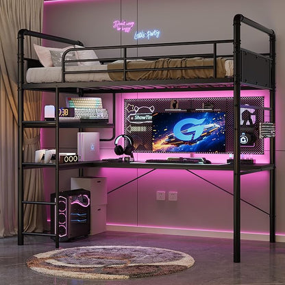 GarveeHome Loft Bunk Bed with L-Shaped Desk, Twin Loft Bed with Desk Underneath, Metal Bunk Beds with High Guardrail and Ladder for Kids/Teens/Adults, Easy Assembly, Vintage Black