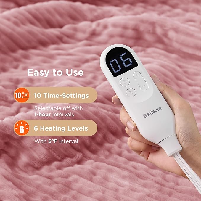 Bedsure GentleSoft Electric Blanket Full Size - Soft Ribbed Flannel Heated Blanket with 6 Heat Settings, Heating with 10 Time Settings, 8 hrs Timer Auto Shut Off (72x84 inches, Pink)
