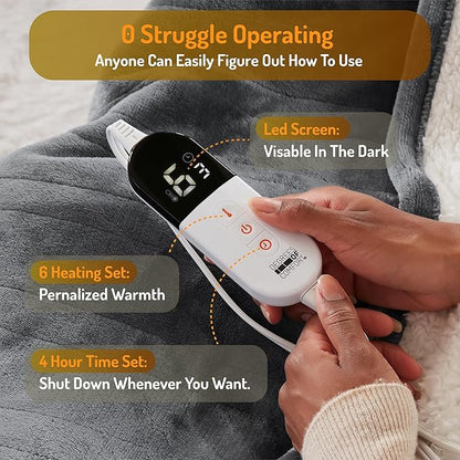 Degrees of Comfor Heated Throw Blanket - Soft Flannel Electric Throws with 6 Heat Settings and 4-Hour Auto Shut-Off - Warm Gifts for Grandma - Grey, 50x60'' - ETL Certified