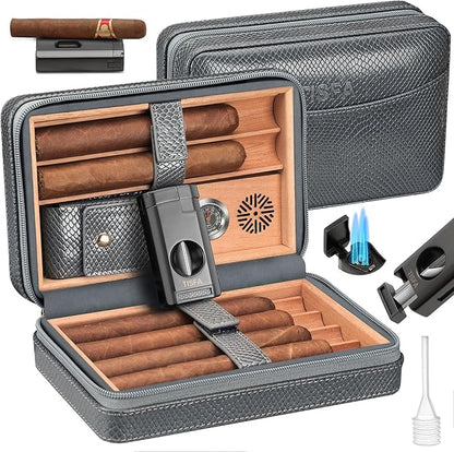 TISFA Cigar Humidor Case Leather Cedar Wood Lined Cigar Box with Cigar Lighter, V Cutter, Holder Stand 3 in 1, Hygrometer Humidifier 2 in 1, Travel Humidor Cigar Case Hold 6 Cigars (Textured Gray)