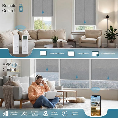 Motorized Light Filtering Roll Shades Work with HomeKit, 50% Blackout Smart Blinds for Windows, Electric Blinds with Remote,APP/Voice Control,Sunscreen PVC Free Charcoal