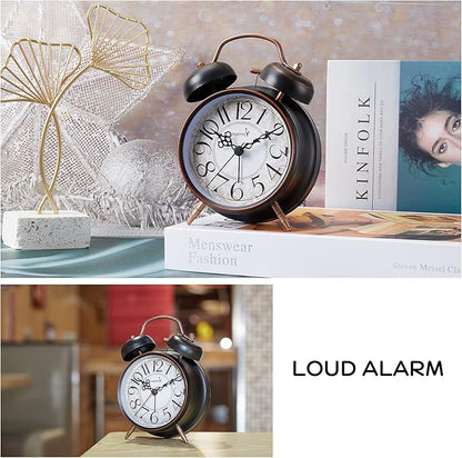 Loud Alarm for Deep Sleepers 4'' Retro Twin Bell Alarm Clock with Backlight for Bedroom and Home Decoration(Retro Black)