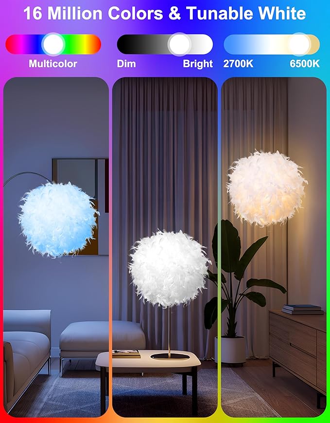 Star Vision Smart Feather Lamp with RGB Light Bulb, Built-in Bluetooth Speaker, Remote & APP Control, Fluffy Girl Room Decor, 600 Lumens, 19.7inches, White