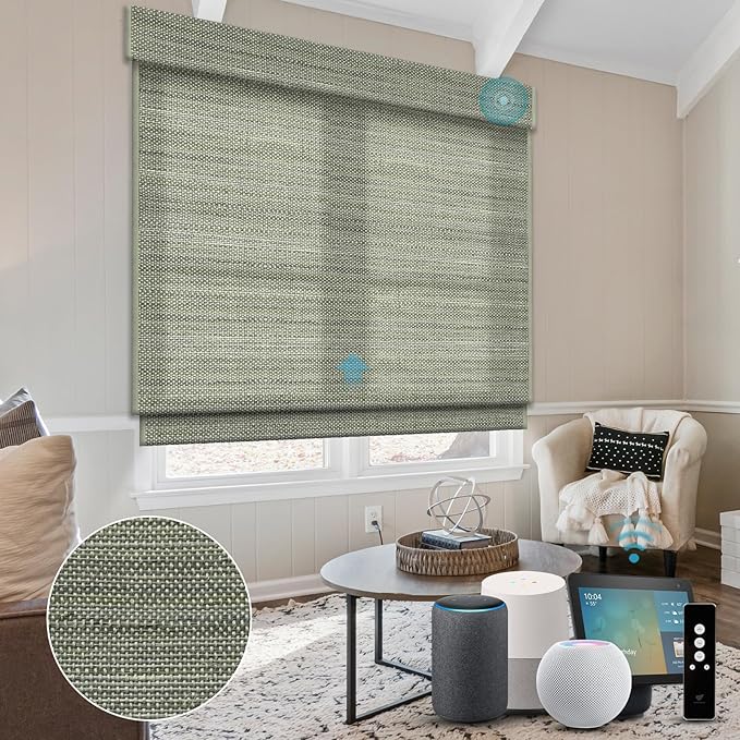 SmartWings Motorized Blinds Natural Woven Wood Shades for Windows Work with Matter Thread Homekit Z-Wave Alexa Google, Electric Auto Roman Shades Cordless Remote Control Customized, Kenaf 220