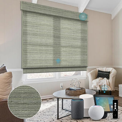 SmartWings Motorized Blinds Natural Woven Wood Shades for Windows Work with Matter Thread Homekit Z-Wave Alexa Google, Electric Auto Roman Shades Cordless Remote Control Customized, Kenaf 220