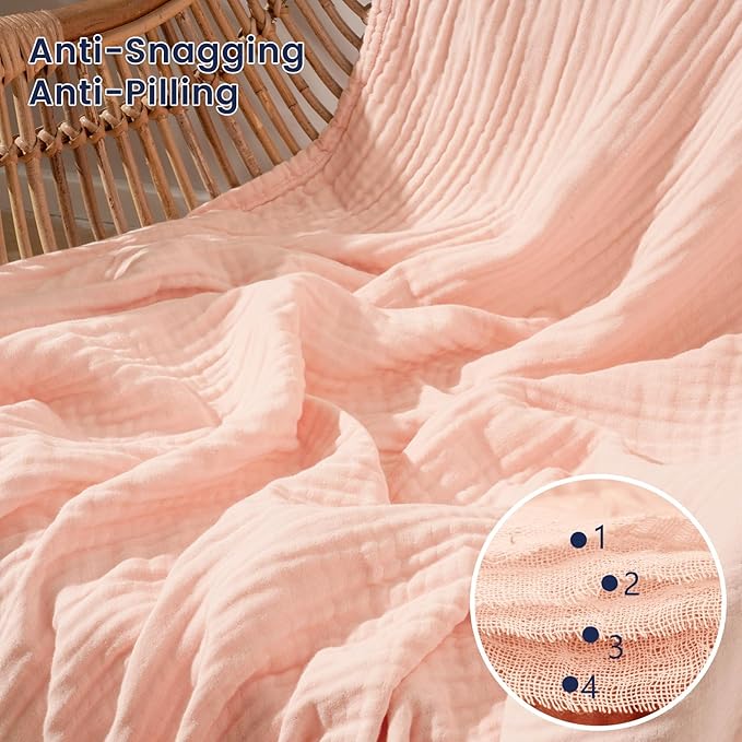 PHF Cooling Muslin Throw Blanket for Hot Sleepers, 60% Viscose from Bamboo, 40% Cotton and 4-Layer Breathable Gauze Blanket for Bed Couch, 50"x60", Pink Rose