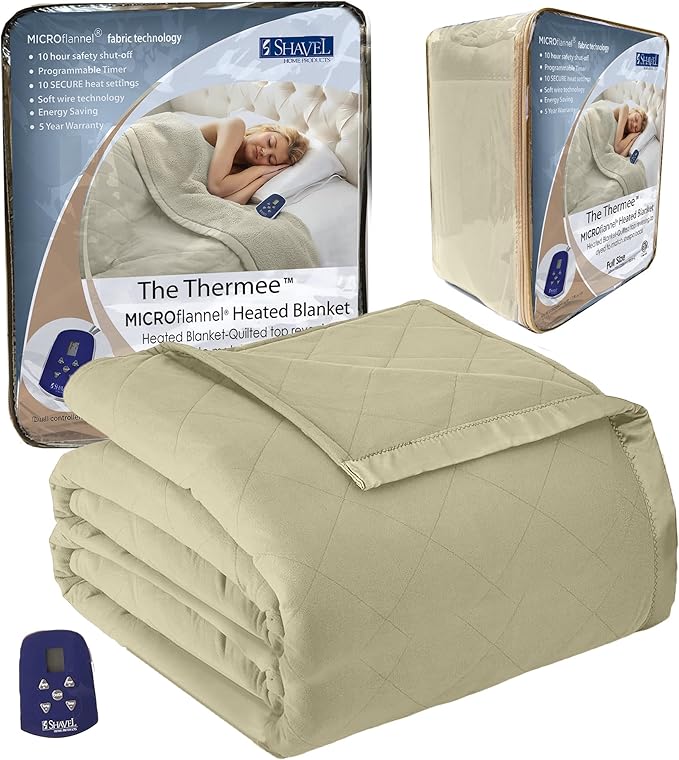 Thermee Micro Flannel Heated Blanket - Full Size, 10 Settings, Rapid Heating, Luxuriously Soft, Programable - Sage