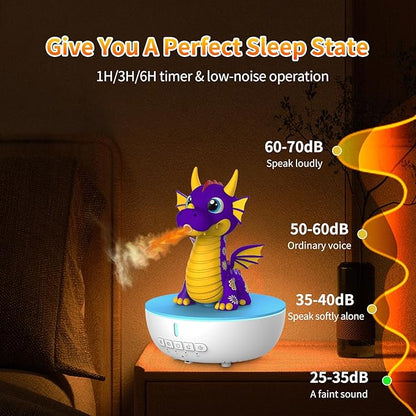 Aromatherapy Dragon Humidifier, 200ML Essential Oil Diffuser with Remote & Timer, White Noise Machine with 10 Soothing Sounds, Cute Small Humidifiers for Kids Bedroom, Home, Office (Purple)