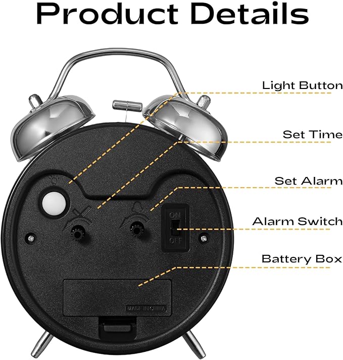 AKCISOT Loud Alarm Clock for Heavy Deep Sleepers, 4.5 Inches Analog Metal Twin Bell Clocks Battery Operated with Backlight for Bedroom Beside, Old Fashioned for Home Desk Decoration(Blue)