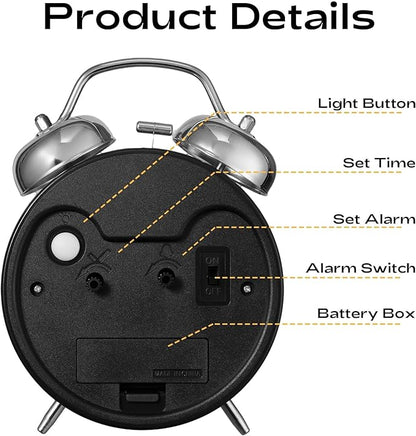AKCISOT Loud Alarm Clock for Heavy Deep Sleepers, 4.5 Inches Analog Metal Twin Bell Clocks Battery Operated with Backlight for Bedroom Beside, Old Fashioned for Home Desk Decoration(Blue)