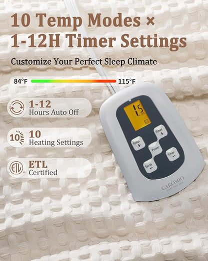 CAROMIO Heated Blanket Full Size, Waffle Weave Electric Blanket Throw with LCD Controller, Fast Heating, 10 Heat Levels & 1-12H Time Settings, ETL Certified, Machine Washable, Beige, 72" x 84"