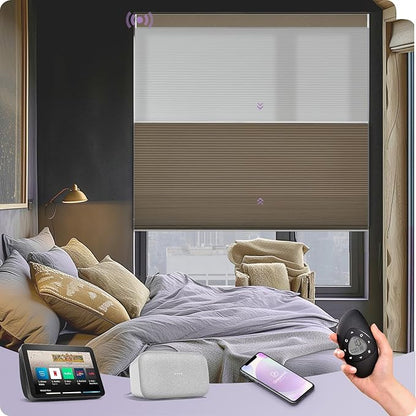 Graywind Motorized Day Night Cellular Shades with Remote, Smart Honeycomb Blinds Compatible with Alexa & Google Home, Custom Size Blackout/Privacy for Bedroom, Living Room & Home Office, Linear Brown