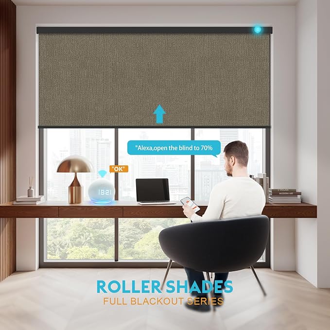 Motorized Blinds with Remote, 100% Blackout Smart Blind Roller Shades Compatible with Alexa Homekit, Automatic Electric Shades for Windows Customized Size（Elegant-Brown）