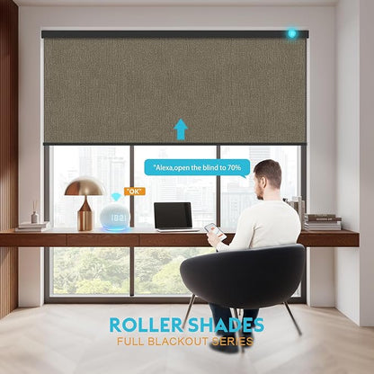 Motorized Blinds with Remote, 100% Blackout Smart Blind Roller Shades Compatible with Alexa Homekit, Automatic Electric Shades for Windows Customized Size（Elegant-Brown）