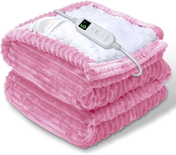 Electric Heated Blanket Throw, Heating Blanket Throw with 4 Timer Settings & 6 Heat Settings, Best Winter Gifts for Men and Women, White Elephant Gifts for Adults (50x60 Inch, Pink)