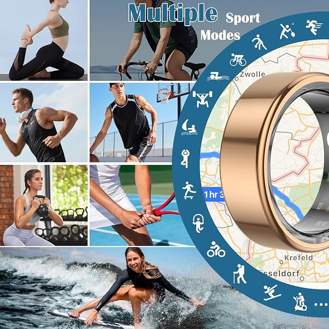 Smart Health Ring for Women Men,Fitness Tracker Smart Ring with Heart Rate,Sleep Monitor,Blood Oxygen,Steps,IP68 Waterproof Up to 5-7 Days Battery Life for iOS Android,No App Fee(Gold,9)