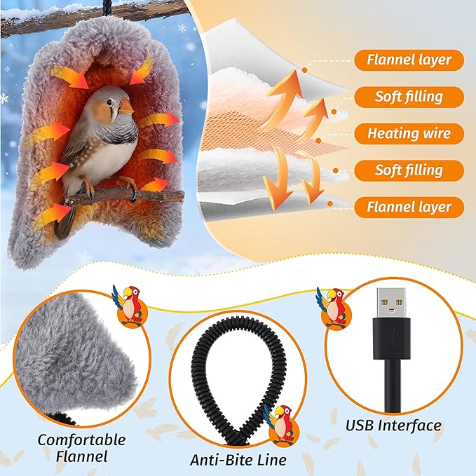 Dreyoo Snuggle Up Bird Cage Heater for Parrot and Small Birds,5V Low Voltage Heated Bird Perch with Constant Temperature Control & Anti Bite Line, Cozy Corner Warmer Blanket Cage Accessory (5.5"×5")