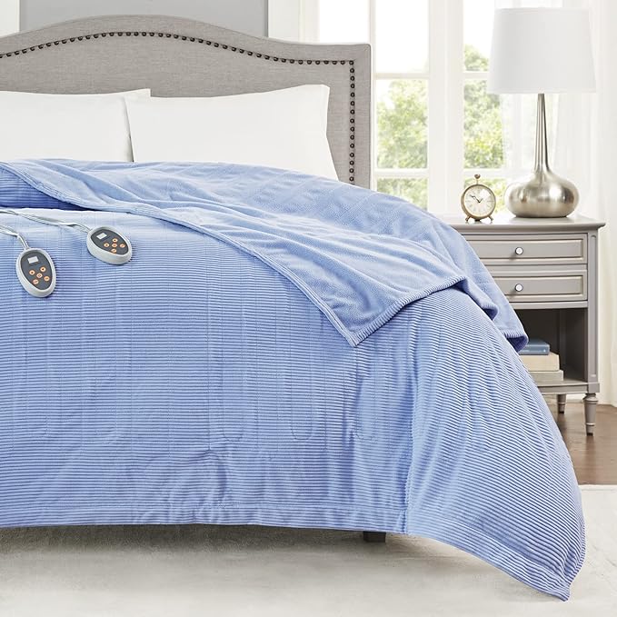 Beautyrest Electric Blanket Luxurious Micro Fleece Ultra Soft Ribbed Textured, Cozy and Snuggly Cover for Cold Weather, Fast Heating, Auto Shut Off, 20 Level Heat Setting Controller, King, Blue