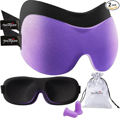 PrettyCare 3D Sleep Mask 2 Pack, Eye Mask for Side Sleeper - 3D Contoured Sleeping Mask Block Out Light for Men Women- No Eye Pressuer Night Masks with Ear Plugs & Travel Bag (Black＆Purple)