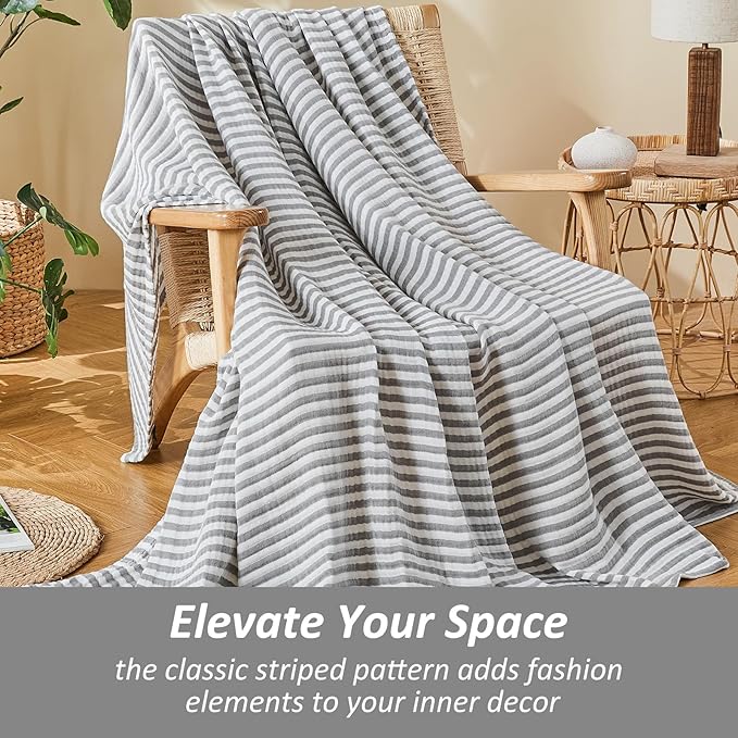 EMME Cotton Muslin Large Throw Blanket Couch Breathable Gauze Soft Lightweight Bed Blankets Adults (Striped Grey, 50"x70")