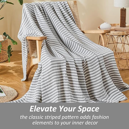 EMME Cotton Muslin Queen Blanket Bed Layering Bedspread Coverlet Breathable Gauze Soft Lightweight Adults (Striped Grey, 90"x90")