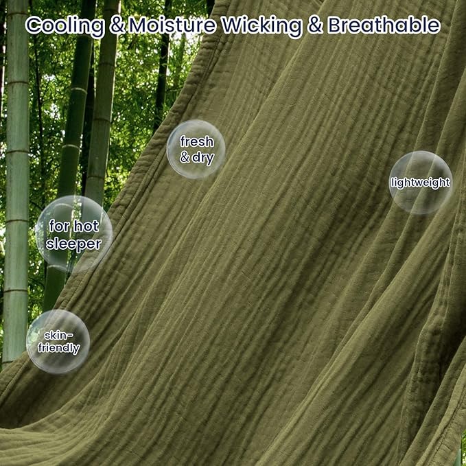 PHF Cooling Muslin Throw Blanket for Hot Sleepers, 60% Viscose from Bamboo, 40% Cotton and 4-Layer Breathable Gauze Blanket for Bed Couch, 50"x60", Olive Green