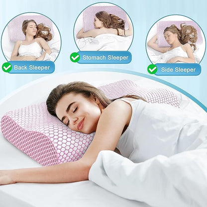 CloudBliss Memory Foam Pillow, Ergonomic Neck Contour Cervical Pillow for Back and Shoulder Pain, Orthopedic Pillow for Neck Pain Relief, for Sleeping Side, Back, Stomach Sleepers - Pink, King