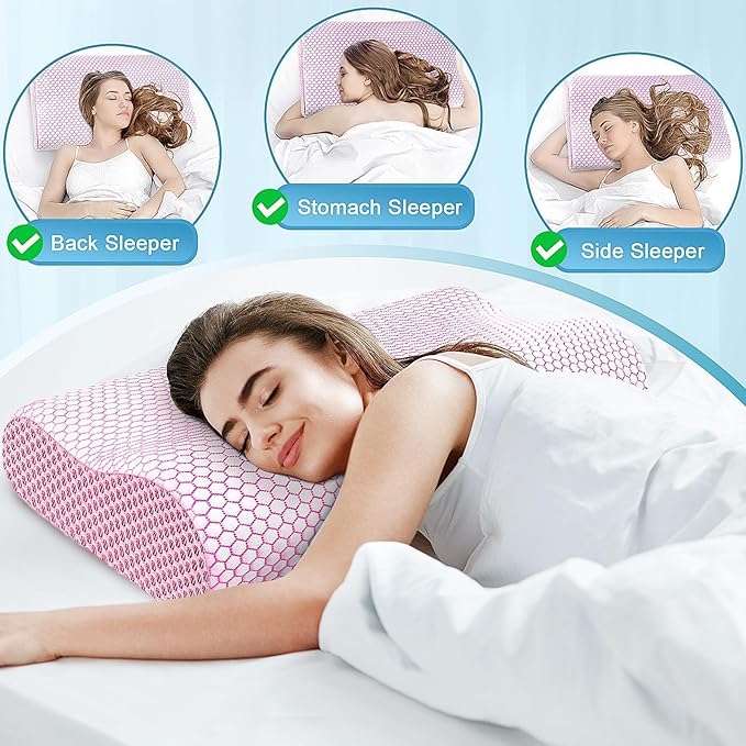 CloudBliss Memory Foam Pillow, Ergonomic Neck Contour Cervical Pillow for Back and Shoulder Pain, Orthopedic Pillow for Neck Pain Relief, for Sleeping Side, Back, Stomach Sleepers - Pink, Standard