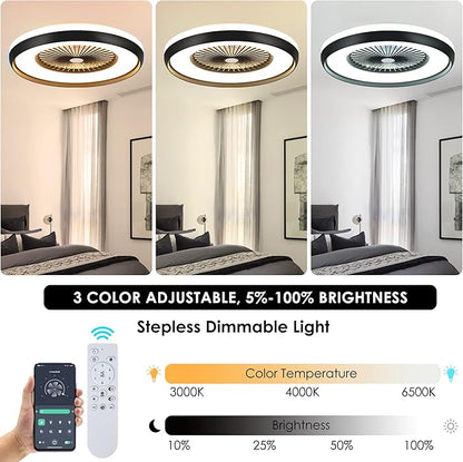 24" Bladeless Ceiling Fan with Light Remote, Smart LED Ceiling Fans with App Control, Modern Low Profile Dimmable Light Ceiling Fan for Bedroom Living Room Black