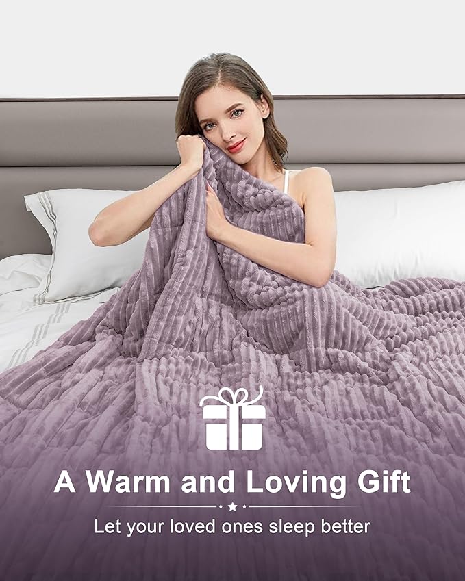 Sherpa Fleece Weighted Blanket with Ribbed Stripes for Adults, 15 lbs Dual Sided Cozy Warm Blanket for Couch Full Size Bed, Ceramic Beads Heavy Thick Blankets Great for Sleep, Light Purple, 60" x 80"
