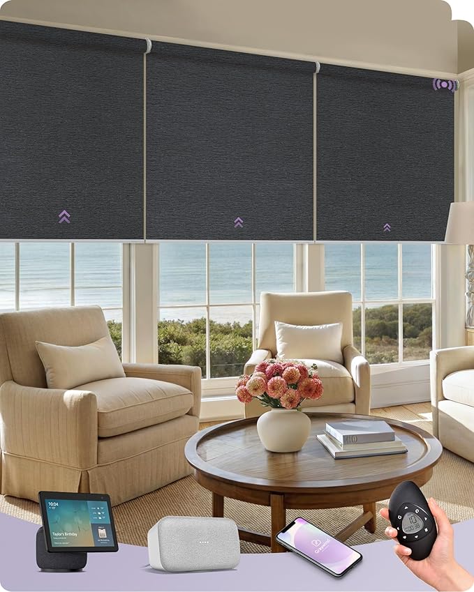 Graywind Smart Coupled Roller Shades Compatible with Alexa Google Custom Size Extra Large Motorized Blinds for Windows(Frequency Nero)