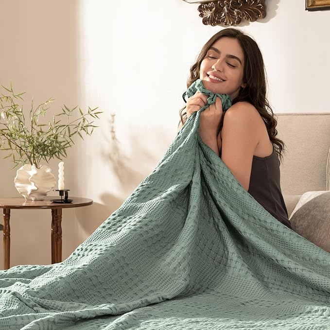 PHF Cooling Waffle Blanket Queen Size, Lightweight 60% Rayon Derived from Bamboo & 40% Cotton Breathable Blanket for Hot Sleepers, Soft and Luxury for Bed Couch and Sofa, 90"x90", Slate