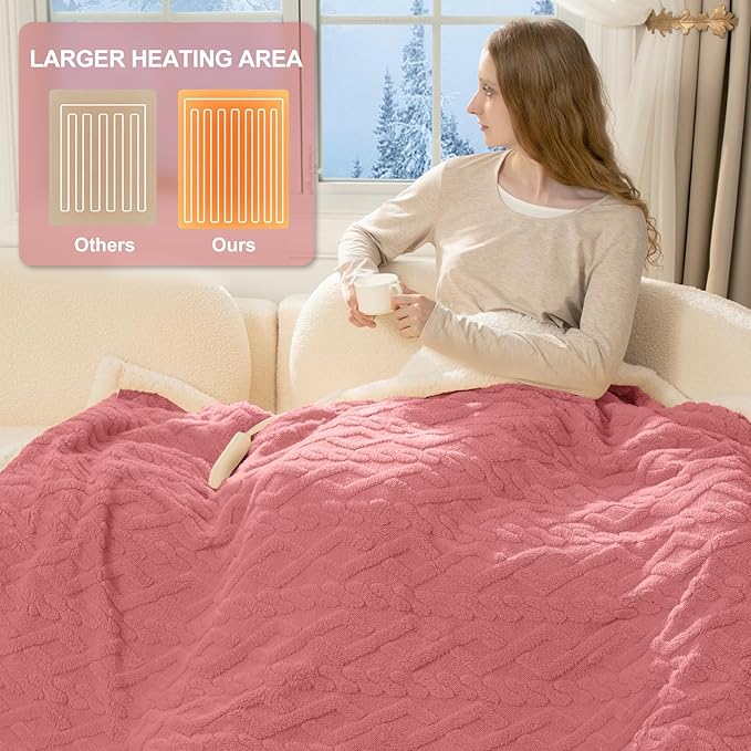 Full Size Electric Blanket 72"X84" Pink - Soft Thick Warm Sherpa Heated Blanket for Winter with 6 Fast Heating Levels & 10hrs LED Timer Auto Off for Women, Washable & ETL Certified for Bed
