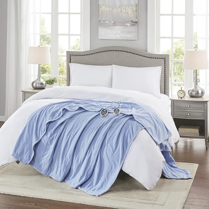 Beautyrest Electric Blanket Luxurious Micro Fleece Ultra Soft Ribbed Textured, Cozy and Snuggly Cover for Cold Weather, Fast Heating, Auto Shut Off, 20 Level Heat Setting Controller, Twin, Blue