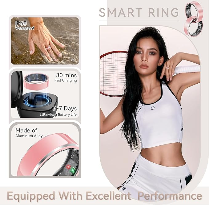Smart Ring for Women,Fitness & Activity Tracker with Blood Oxygen/Heart Rate Monitor, Sleep Tracker, Step Counter, IP68 Waterproof Ring for iOS&Android, Fast Charge, No Subscription (Pink, Size9）