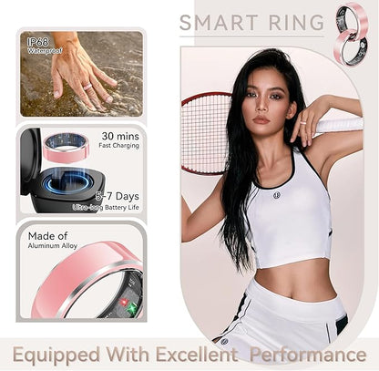 Smart Ring for Women,Fitness & Activity Tracker with Blood Oxygen/Heart Rate Monitor, Sleep Tracker, Step Counter, IP68 Waterproof Ring for iOS&Android, Fast Charge, No Subscription (Pink, Size9）