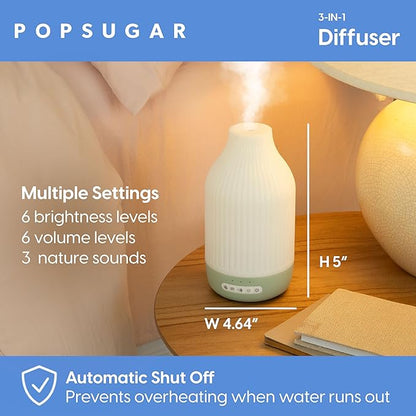 POPSUGAR 3-in-1 Aromatherapy Essential Oil Diffuser for Rooms and Home, Humidifier with Light and Natural Sound Settings, Auto Shut Off