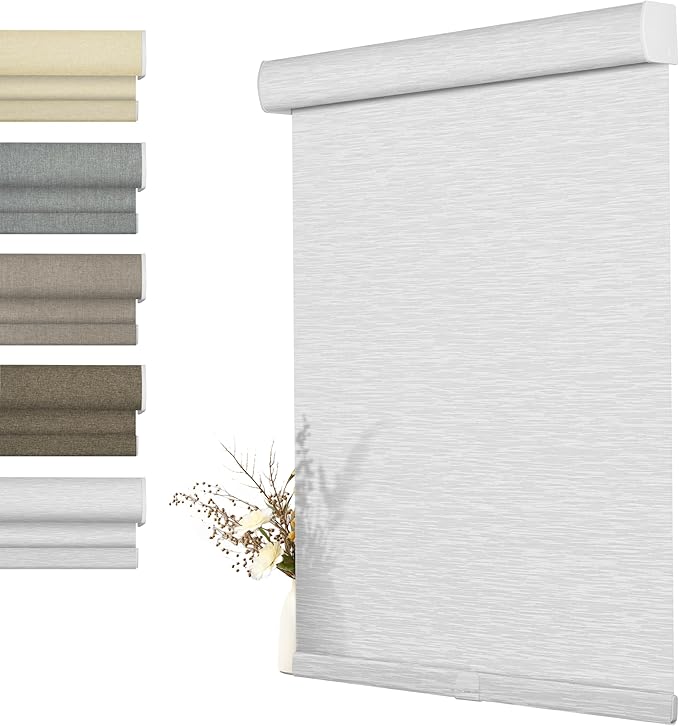 BERISSA Light Filtering Roller Shades for Windows, Cordless Window Shades With Cassette Valance, Linen Blinds, Thermal Insulation for Home Door Office - White, 62" W x 48" H