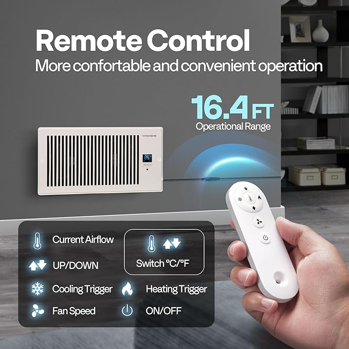 VIVOHOME 6"x12" Opening Smart Vent Register Booster Fan with Intelligent Thermostat & 10-Speed Remote Control - 13.8" x 7.5" Vent Cover for Room, Floor, Wall - White