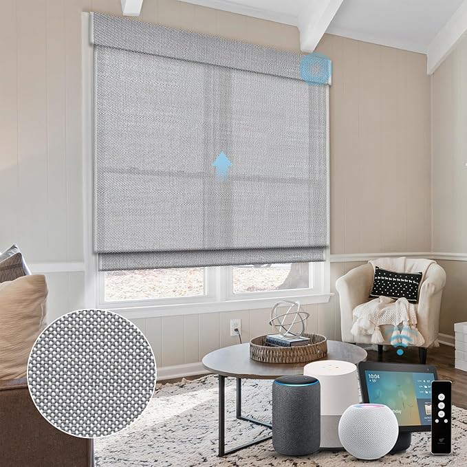 SmartWings Motorized Natural Woven Wood Shades for Windows, Electric Roman Shades with Remote for Sliding Doors, Work with Matter Homekit Zigbee Alexa Z-Wave Google Home, Customized, Bamboo 723