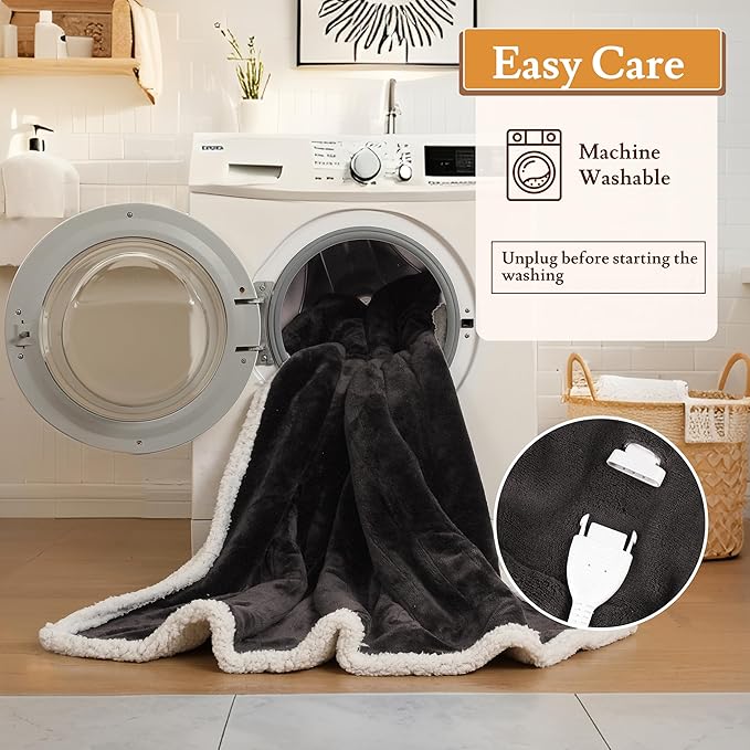 Electric Heated Blanket 50"x60" Throw Size Flannel & Sherpa - 4 Heat Settings & 3H Auto Shut Off, Fast Heating, Machine Washable for Bed, Couch, Office - Dark Gray