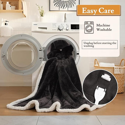 Electric Heated Blanket 50"x60" Throw Size Flannel & Sherpa - 4 Heat Settings & 3H Auto Shut Off, Fast Heating, Machine Washable for Bed, Couch, Office - Dark Gray