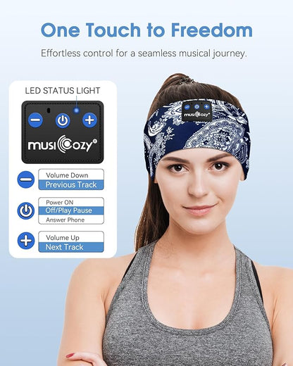 MUSICOZY Sleep Headphones Bluetooth Headband 5.4 Wireless Headband Headphones for Sleeping for Side Sleeper with Ultra-Thin HD Stero Speaker for Workout (Navy Blue)