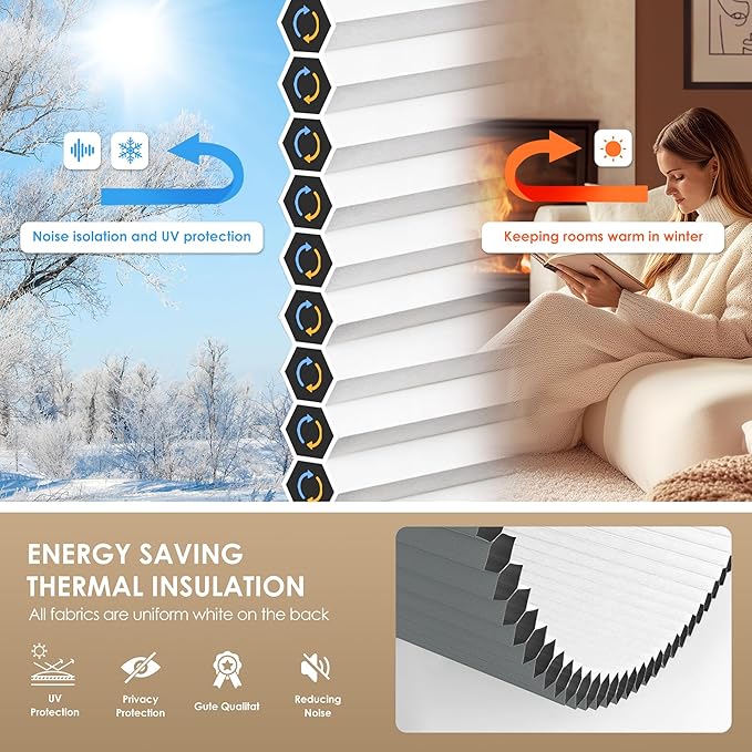 LazBlinds No Tools No Drill Cordless Cellular Shades, Blackout Light Blocking Honeycomb Shades for Home, Thermal Insulation Blinds for Windows, 45" W x 64" H, Dark Grey
