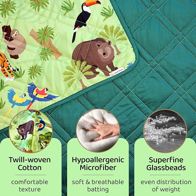 Aricove Kids Weighted Blanket, 5 lb, 36x48 inches, Small Size, Soft Cotton, Machine Washable, Green/Jungle Animals